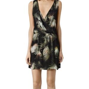 AllSaints Blake Colada Mini Dress Palm Print Black Green size 4 Summer Faux Wrap